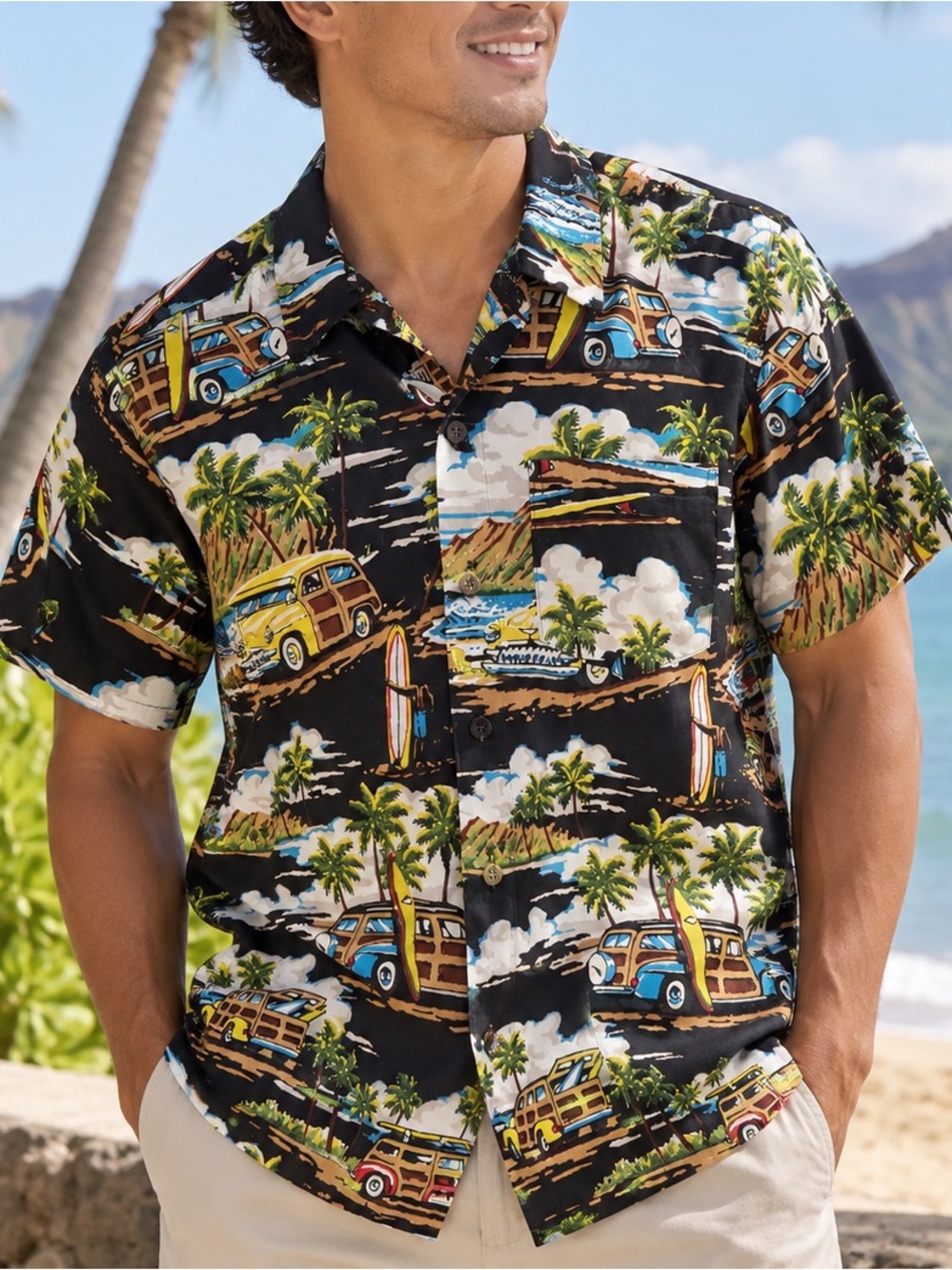 Iolani Hawaii Men’s Woody Wagon Surf  Black Rayon Aloha Shirt